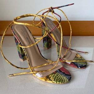 FashionNova ankle tie block heel in multicolor